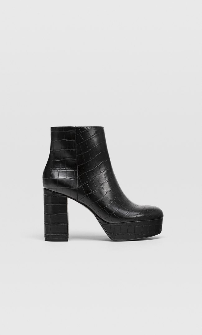 Embossed black heeled platform ankle boots